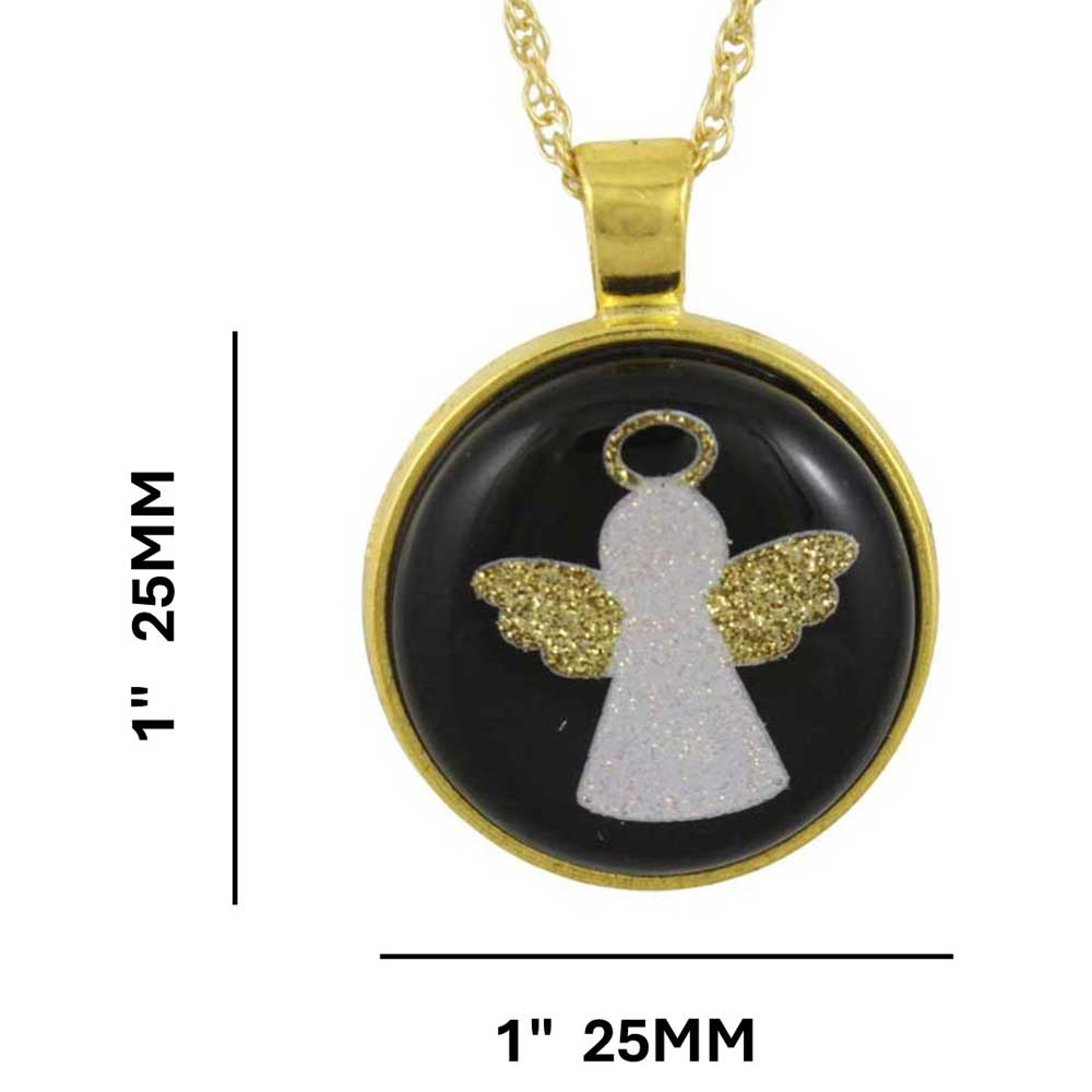 Gold-framed pendant with angel silhouette on a black background, shown with measurements - Lilylin Designs