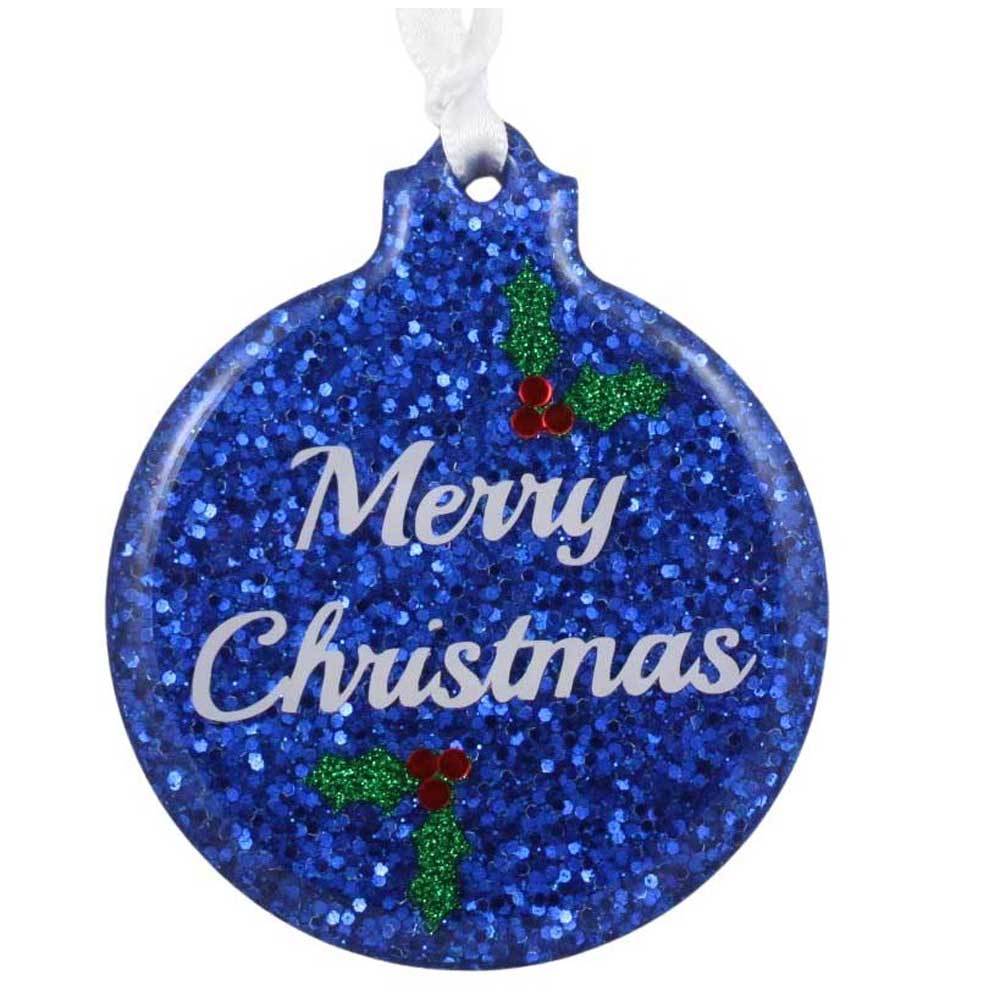 Blue glittery Christmas ornament with 'Merry Christmas' text and holly design. | Lilylin Designs