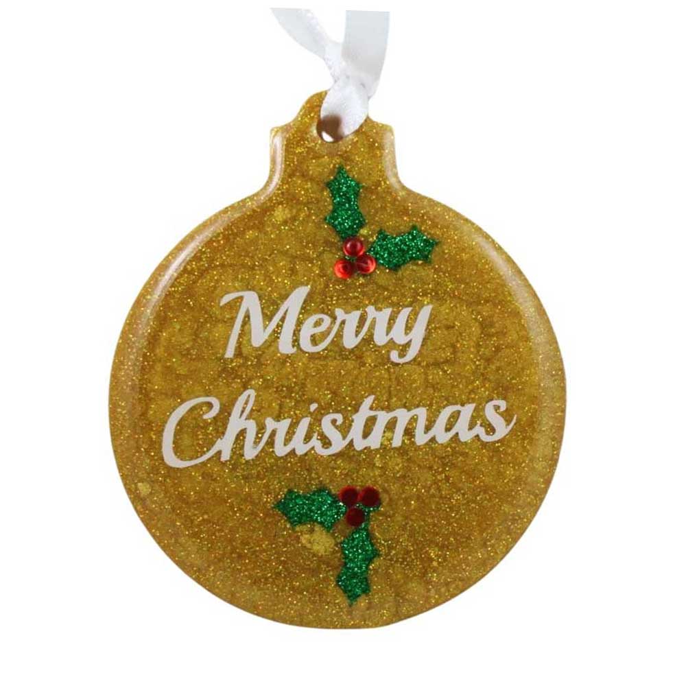Gold glittery Christmas ornament with 'Merry Christmas' text and holly design on a white background | Lilylin Designs