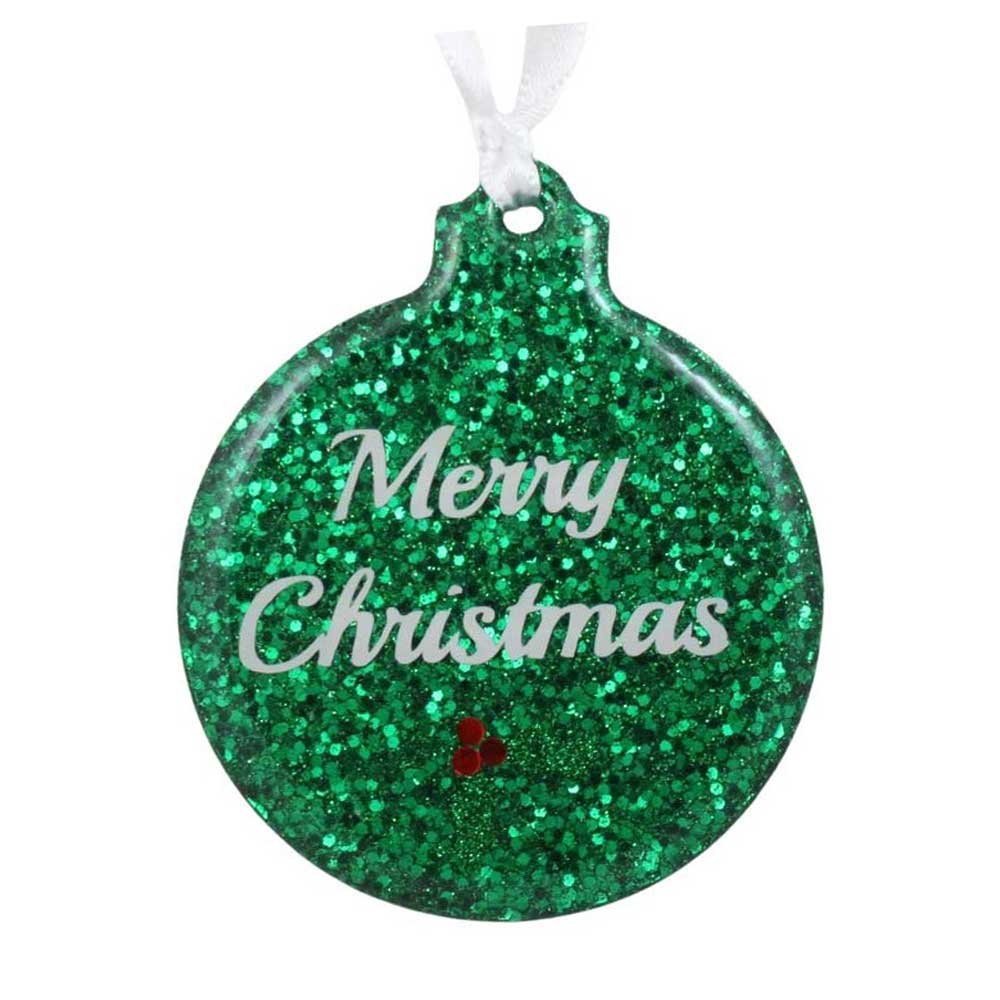 Green glittery Christmas ornament with 'Merry Christmas' text on a white background | Lilylin Designs