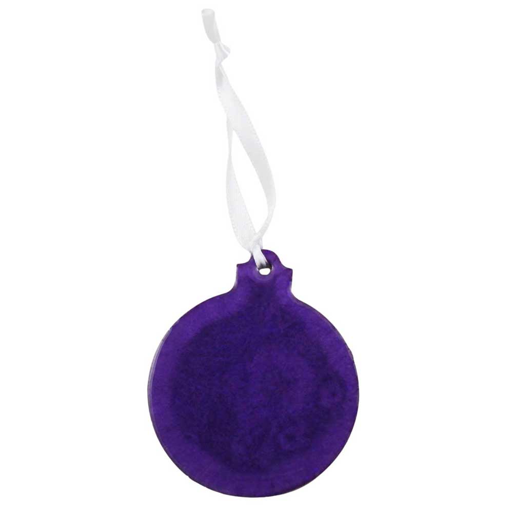 Purple round ornament with a white string on a white background | Lilylin Designs