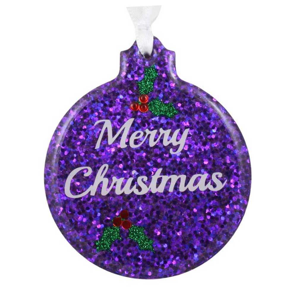 Purple glittery Christmas ornament with 'Merry Christmas' text and holly design on a white background | Lilylin Designs