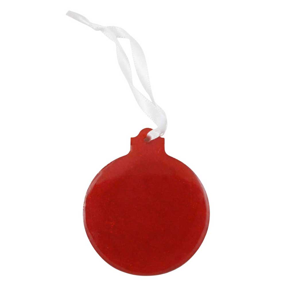 Red round ornament with a white string on a white background | Lilylin Designs