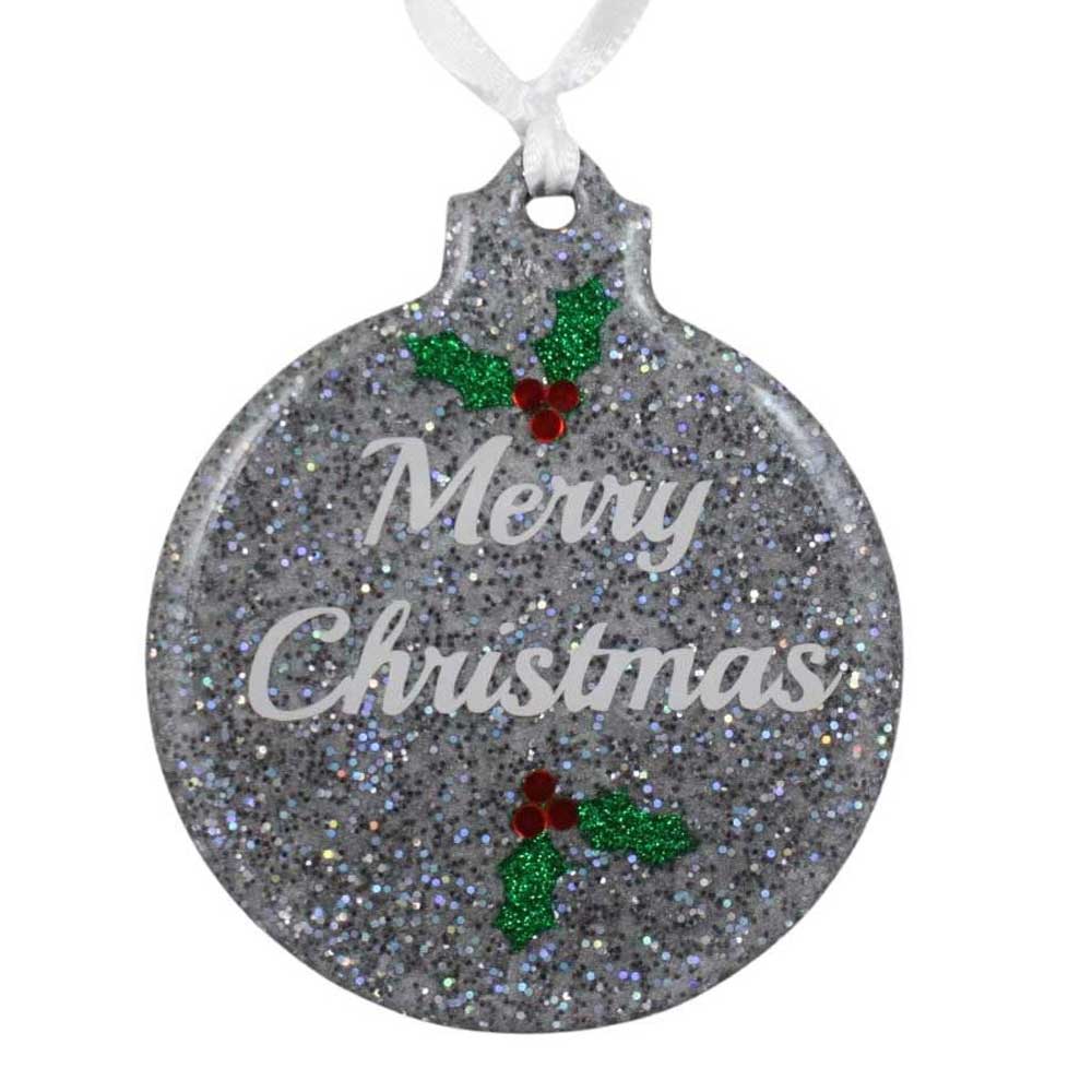 Silver glittery Christmas ornament with 'Merry Christmas' text and holly design on a white background | Lilylin Designs