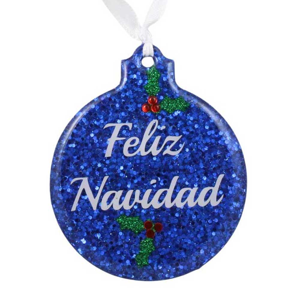 Blue glittery Christmas ornament with 'Feliz Navidad' text and holly design on a white background | Lilylin Designs