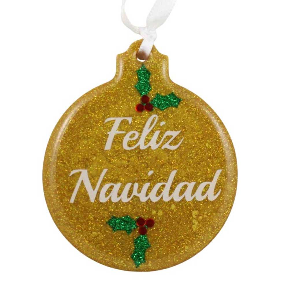 Gold glittery Christmas ornament with 'Feliz Navidad' text and holly leaves on a white background | Lilylin Designs