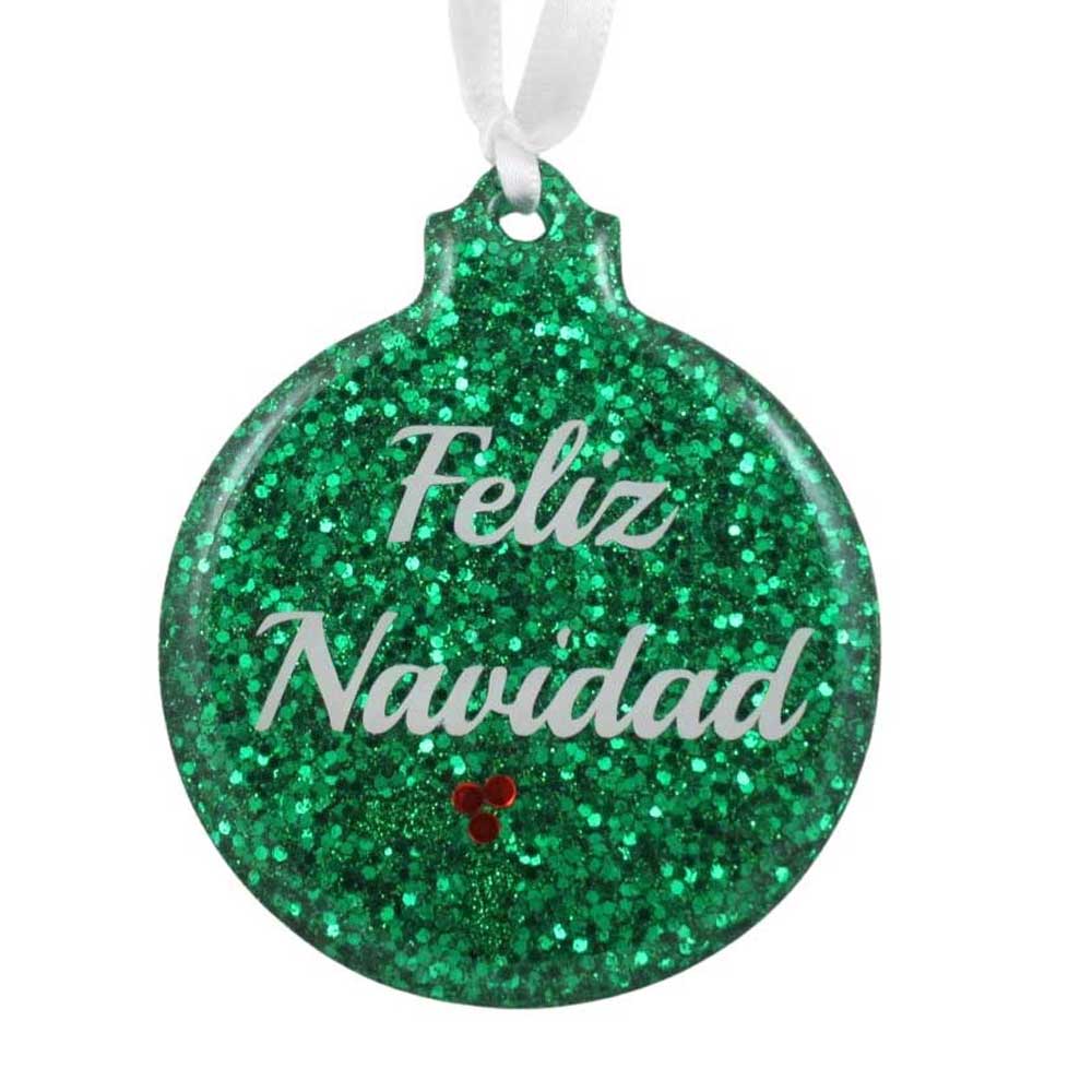 Green glittery ornament with 'Feliz Navidad' text on a white background | Lilylin Designs