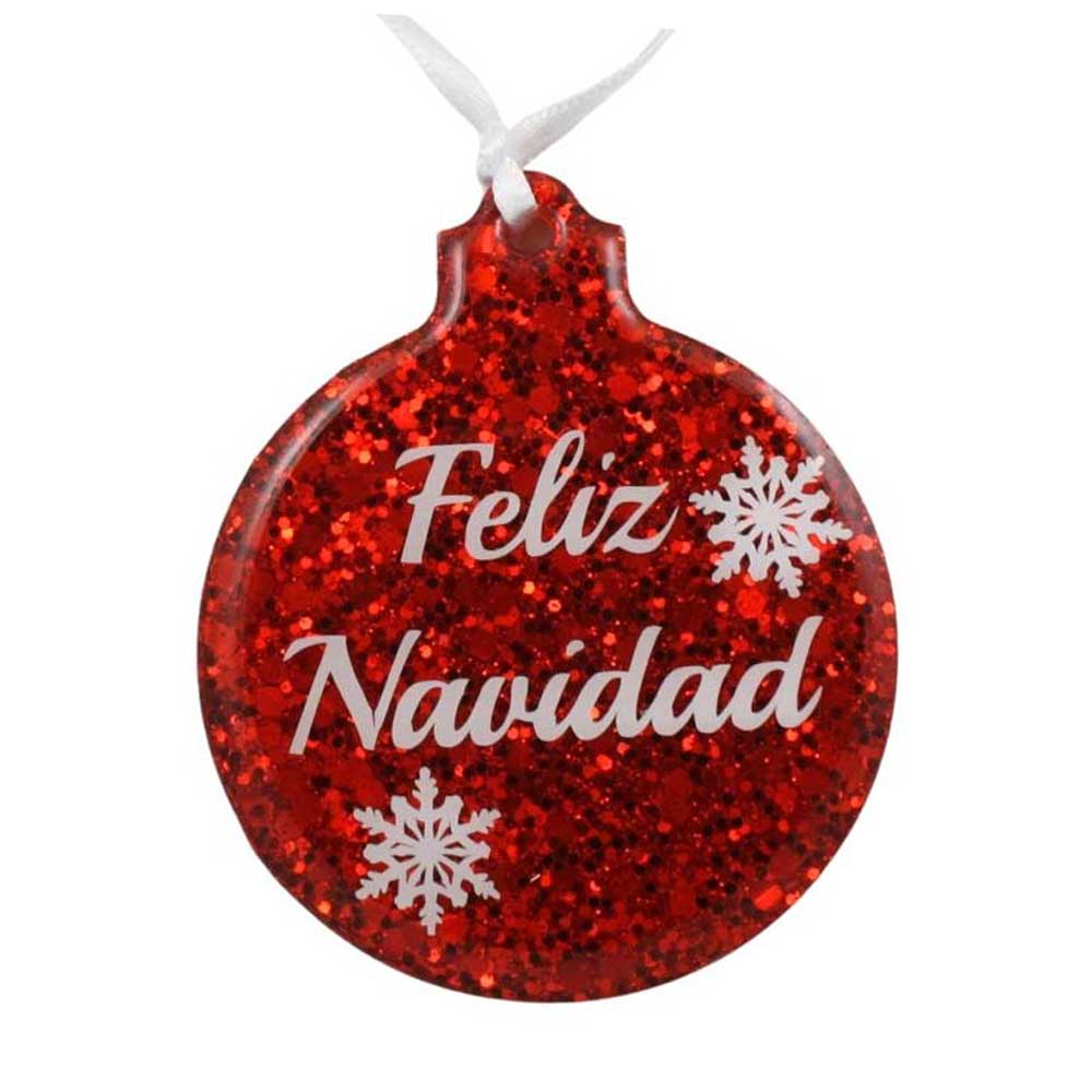 Red glittery Christmas ornament with 'Feliz Navidad' text and snowflakes on a white background | Lilylin Designs