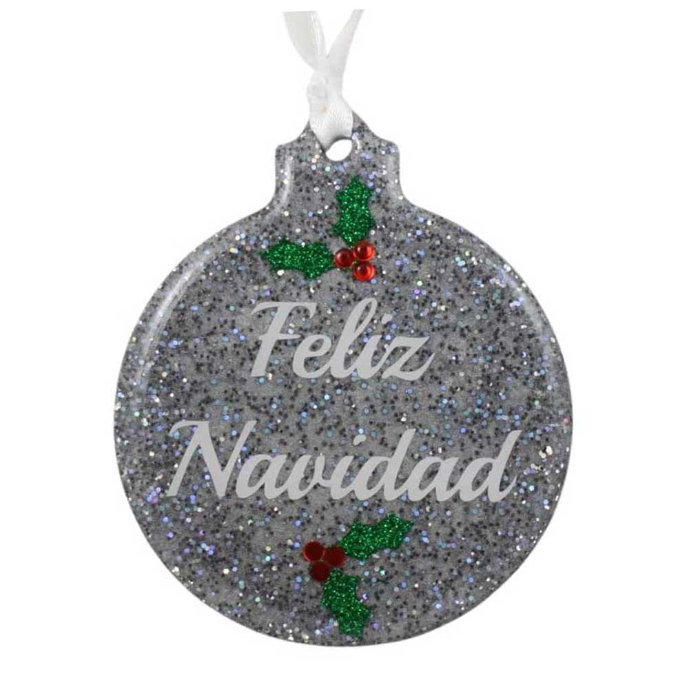 Silver ornament with 'Feliz Navidad' text and holly design on a white background | Lilylin Designs