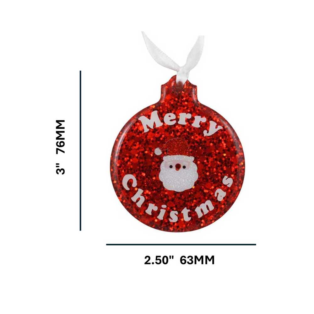Red glittery Christmas ornament with 'Merry Christmas' text and Santa Claus face, shown with measurements on a white background | Lilylin Designs