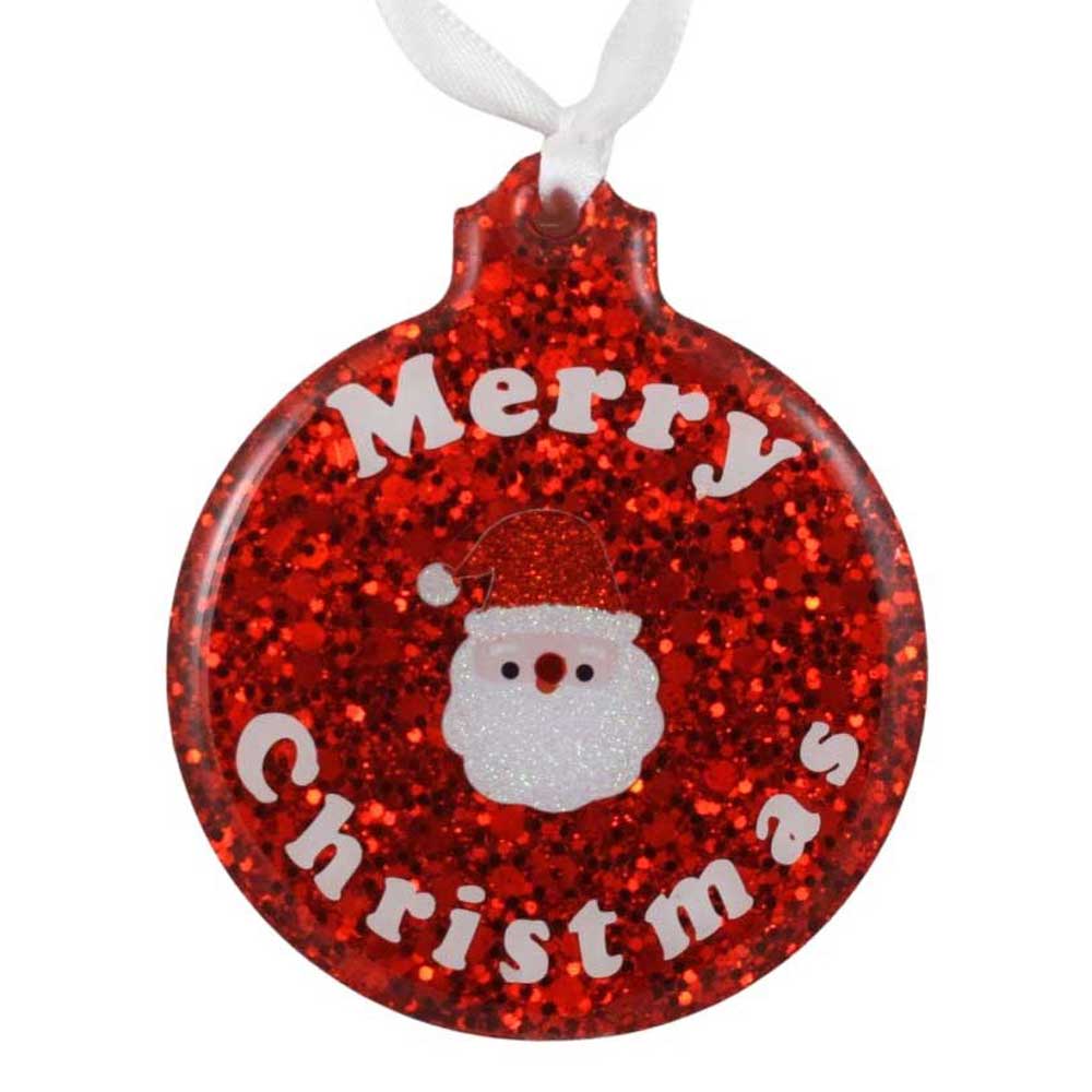 Red glittery Christmas ornament with 'Merry Christmas' text and Santa Claus face on a white background | Lilylin Designs