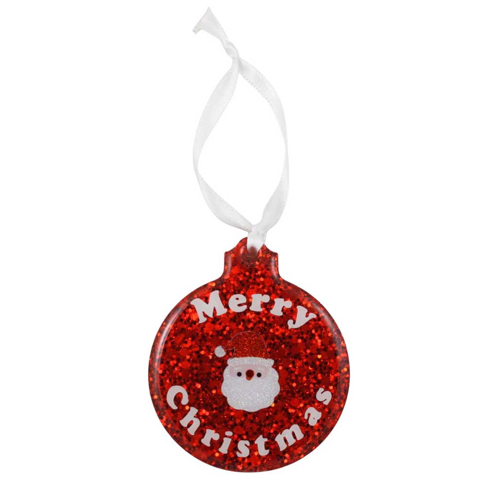 Red glittery Christmas ornament with 'Merry Christmas' text and Santa Claus face on a white background | Lilylin Designs
