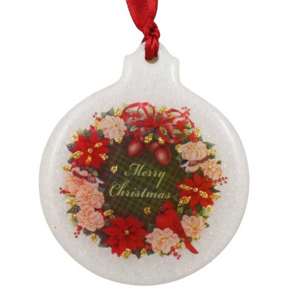 Decorative Christmas ornament with a wreath design, cardinal bird, and 'Merry Christmas' text on a white background | Lilylin Designs