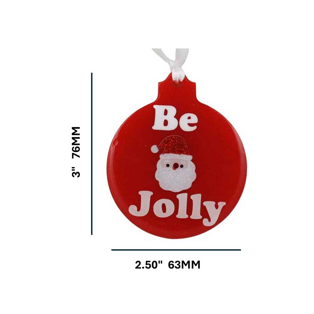 Red Christmas ornament with Santa Claus and 'Be Jolly' text, showing measurements on a white background | Lilylin Designs