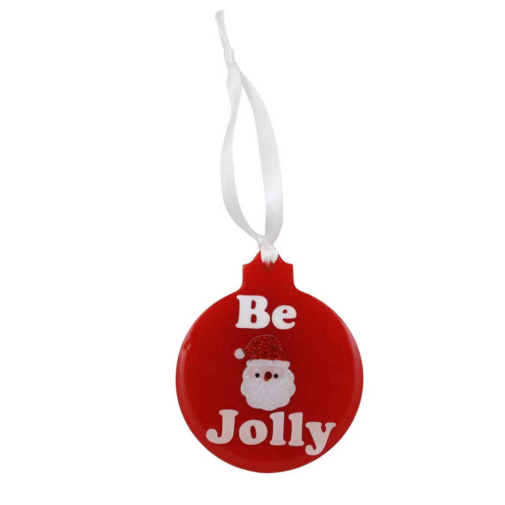 Red Christmas ornament with Santa Claus face and 'Be Jolly' text on a white background | Lilylin Designs