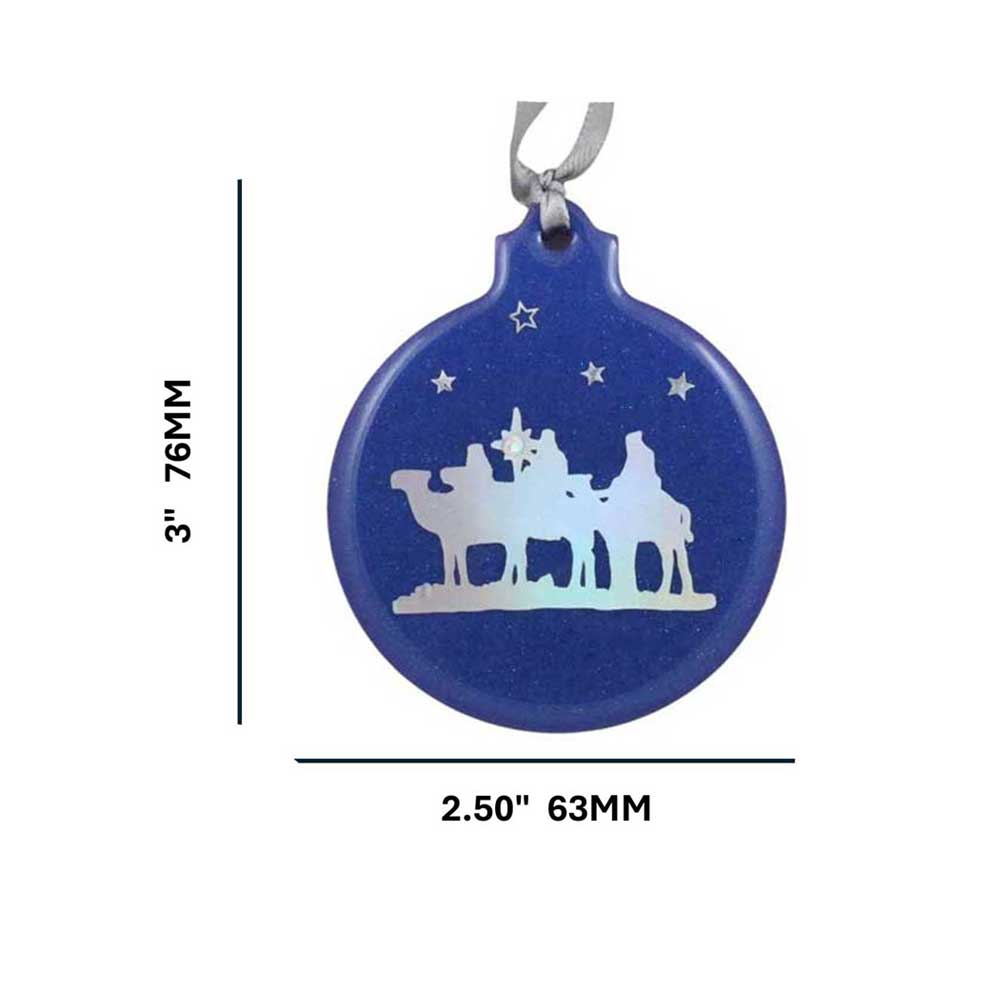 Blue Christmas ornament with silver 3 wisemen on a white background with measurements | Lilylin Designs