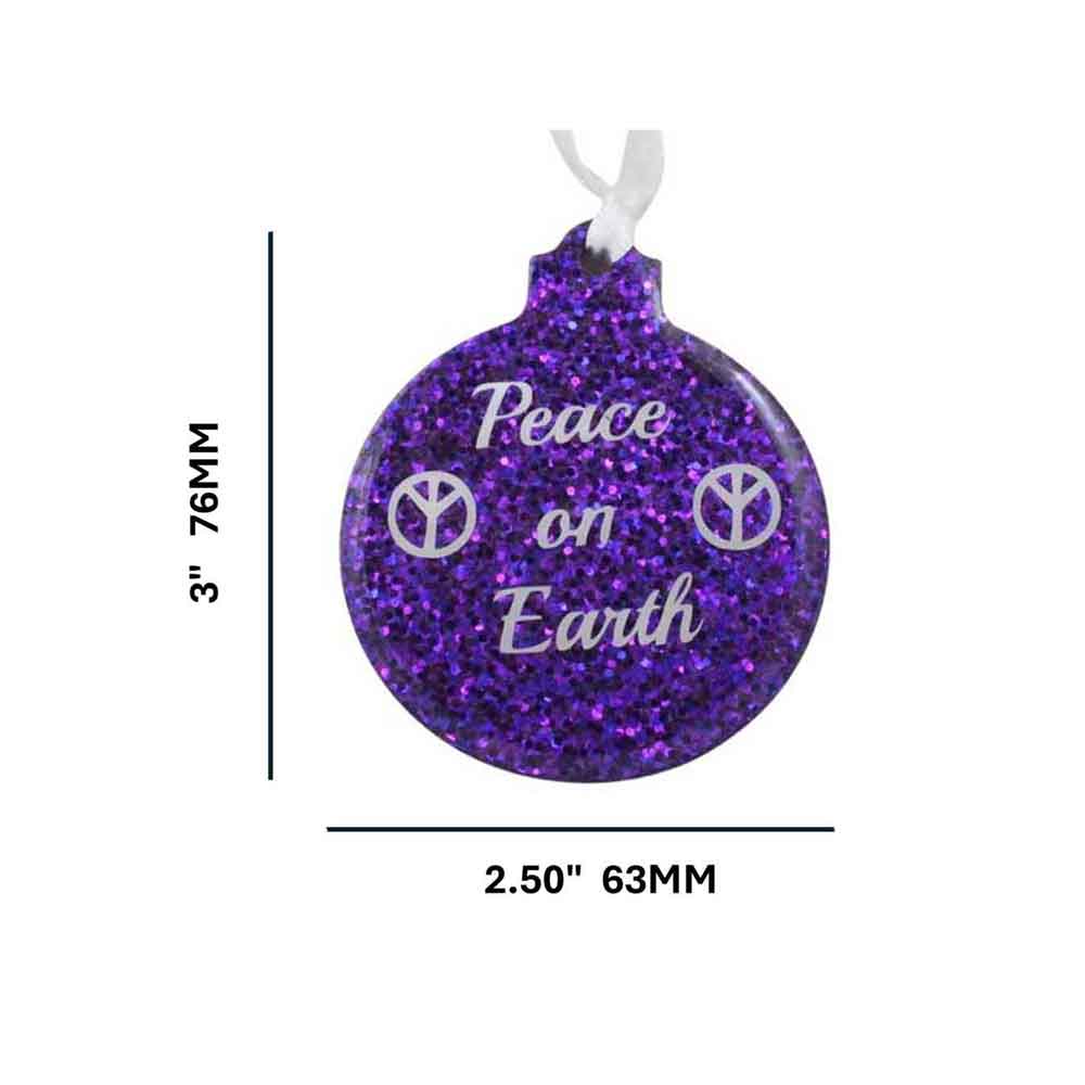 Purple glitter ornament with 'Peace on Earth' text and measurements on a white background | Lilylin Designs