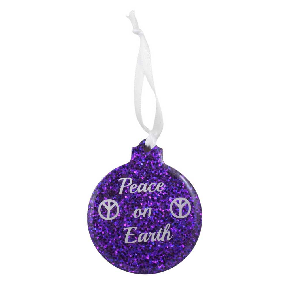 Purple glitter ornament with 'Peace on Earth' text and peace symbol on a white background | Lilylin Designs