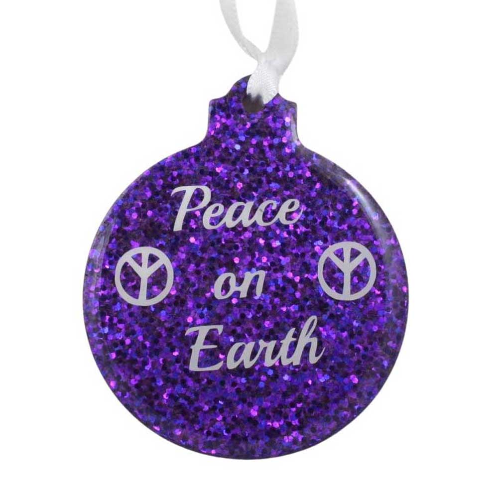 Purple glitter ornament with 'Peace on Earth' text and peace symbol on a white background | Lilylin Designs