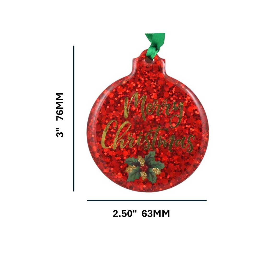 Red glittery Christmas ornament with 'Merry Christmas' text and holly leaves, shown with measurements on a white background. | Lilylin Designs