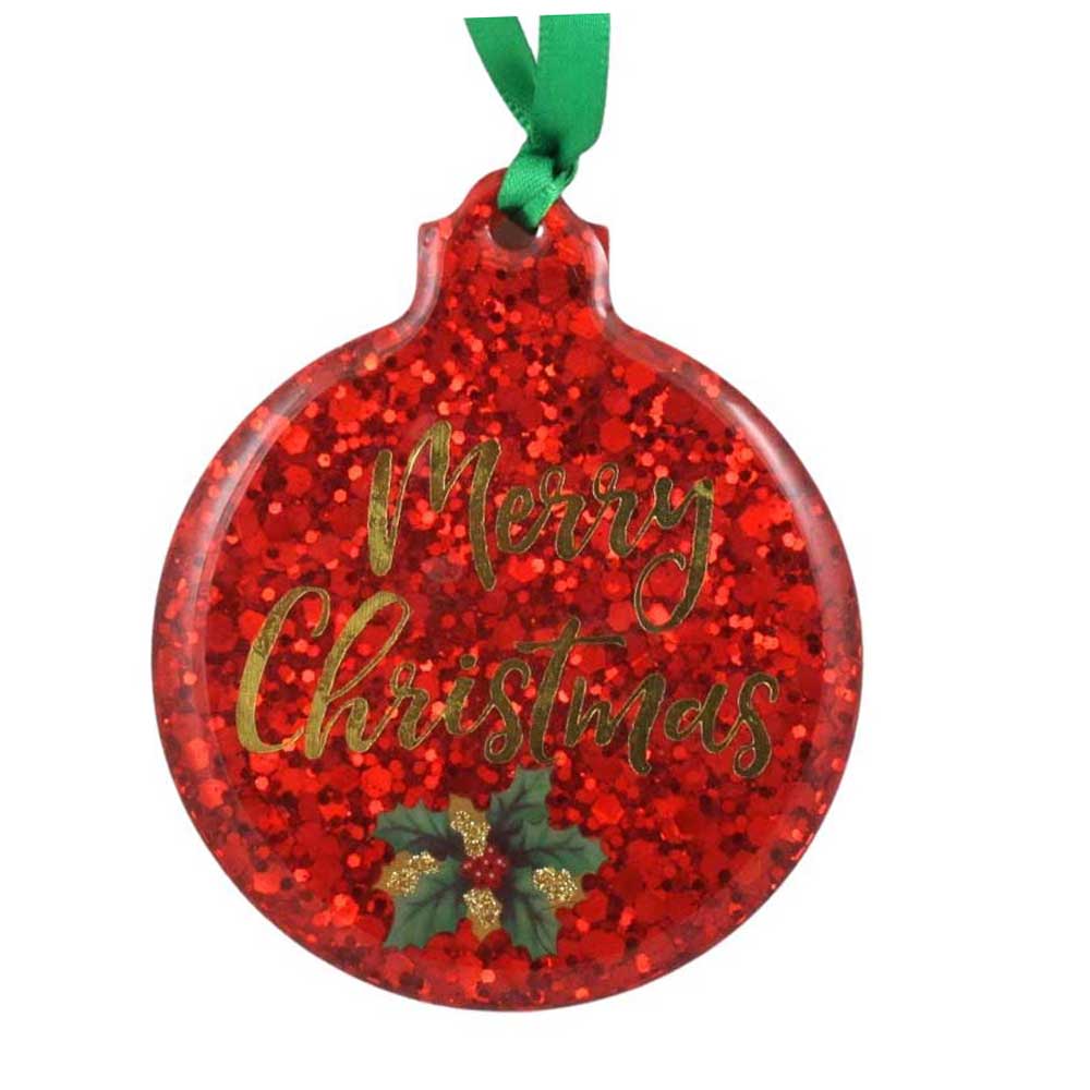 Red glittery Christmas ornament with 'Merry Christmas' text and holly leaves on a white background | Lilylin Designs