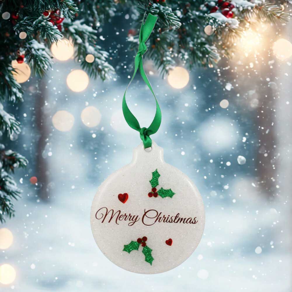 Round Christmas ornament with 'Merry Christmas' text and holly design, hanging from a green ribbon against a festive background | Lilylin Designs