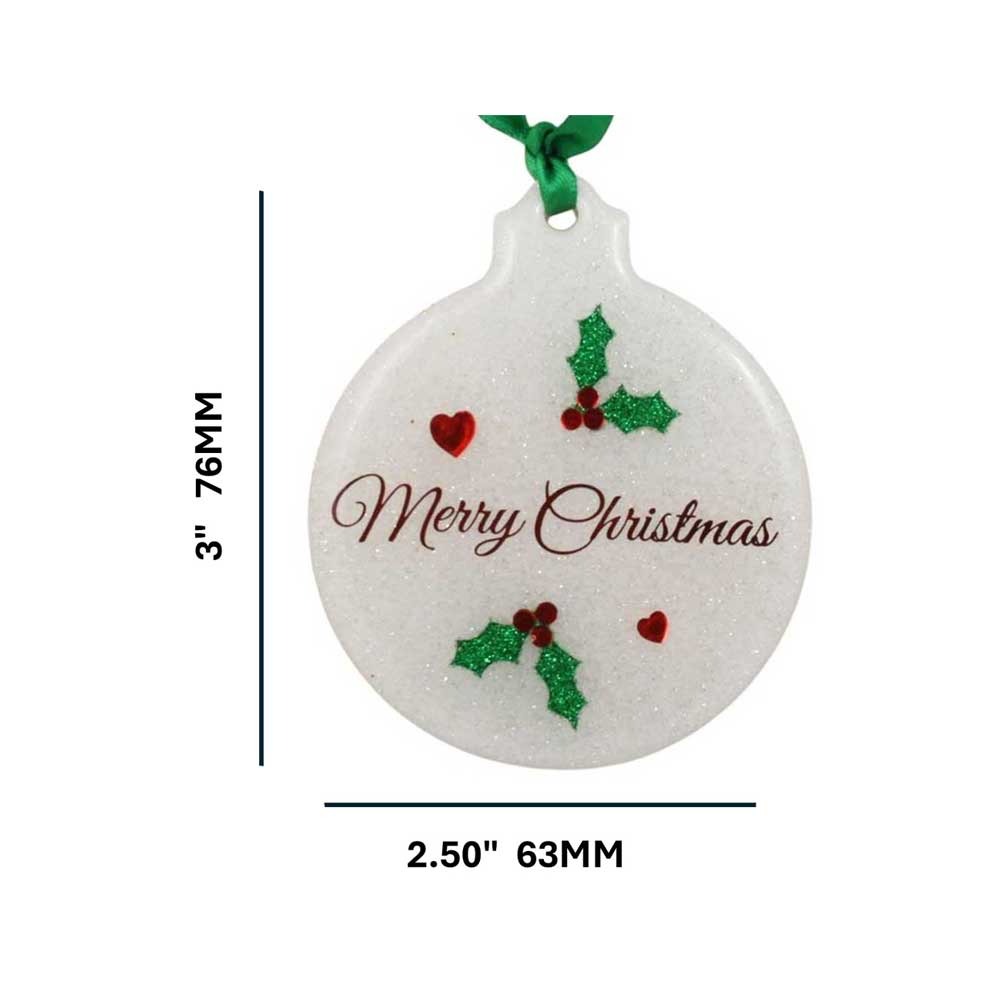 Christmas ornament with 'Merry Christmas' text and holly leaves, dimensions shown | Lilylin Designs