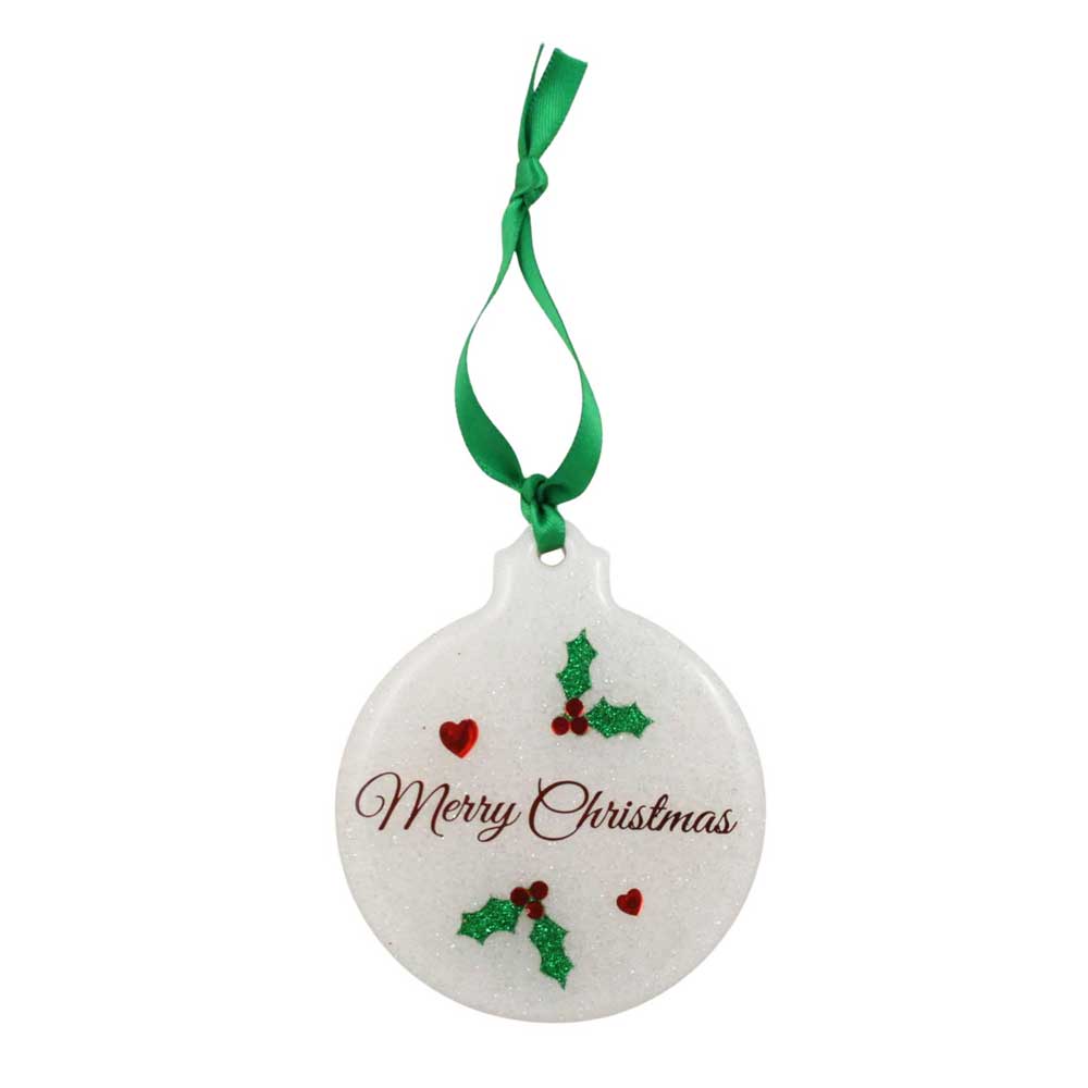 Round Christmas ornament with 'Merry Christmas' text, holly leaves, and red hearts on a white background | Lilylin Designs