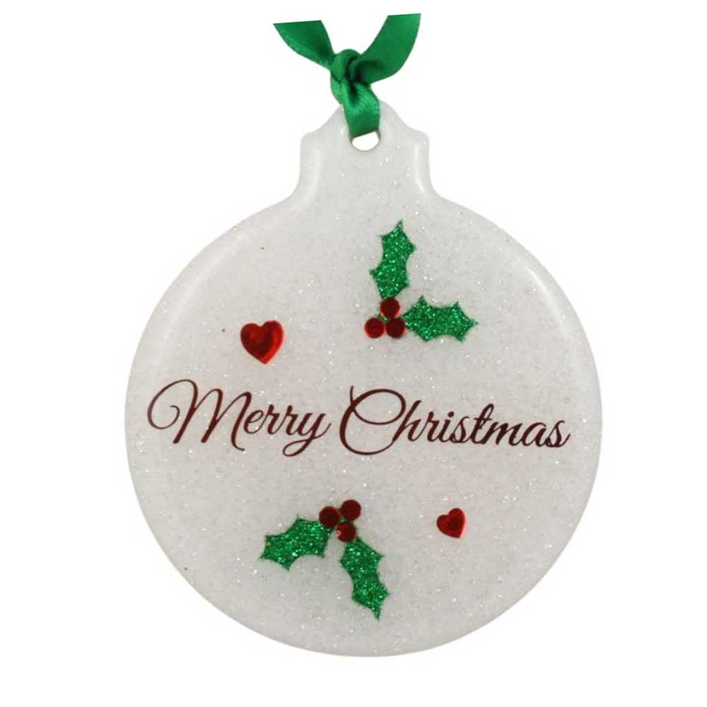Round white ornament with 'Merry Christmas' text, holly leaves, and red hearts on a white background | Lilylin Designs