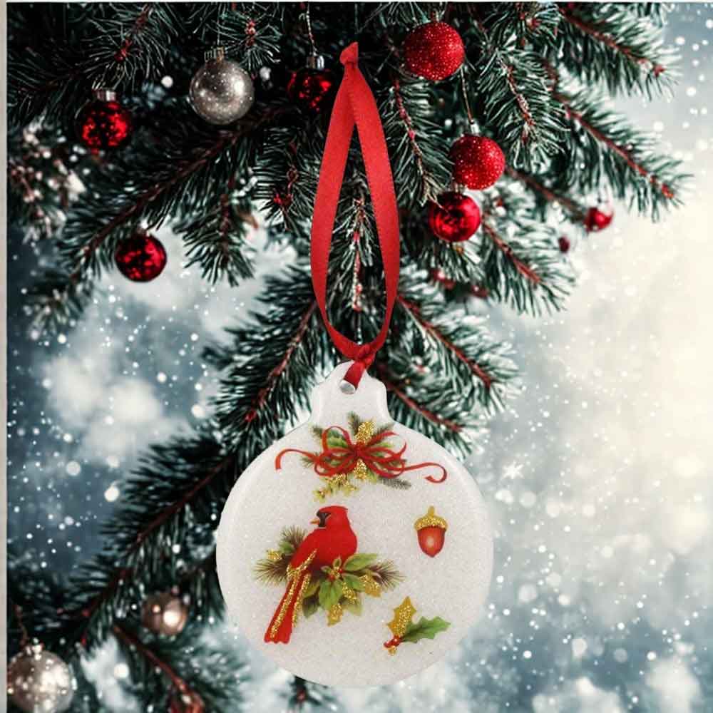 Decorative Christmas ornament with a cardinal on a tree branch with ornaments | Lilylin Designs