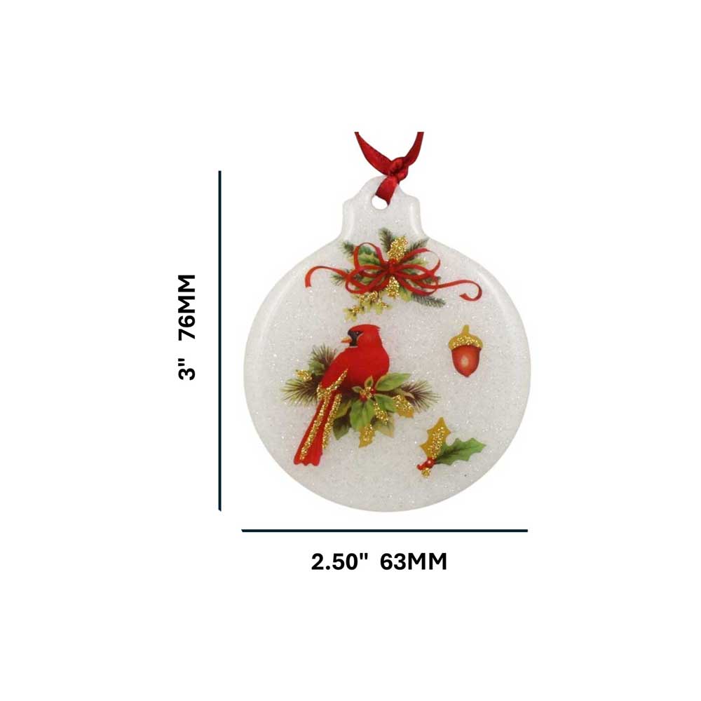 Christmas ornament with cardinal design and measurements on a white background | Lilylin Designs
