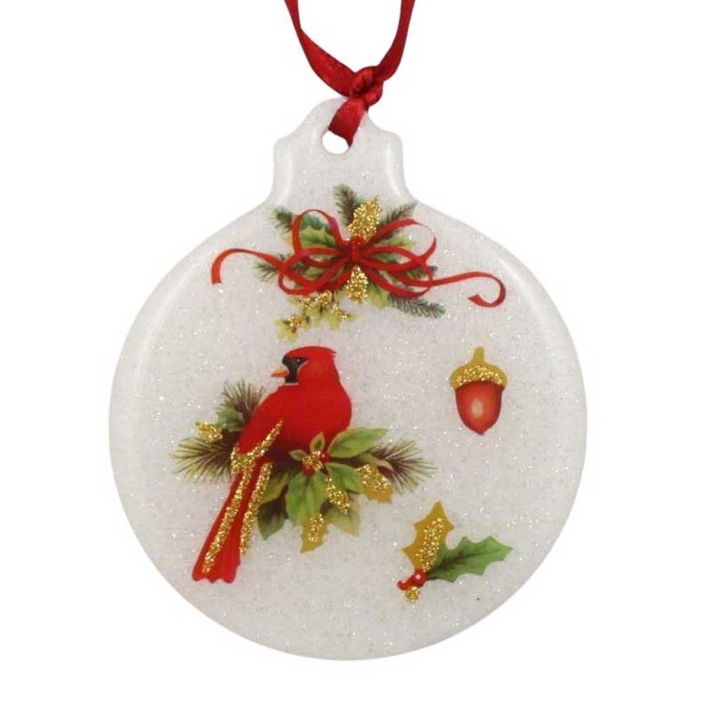 Christmas ornament with a red cardinal, bow, and acorn on a white background | Lilylin Designs