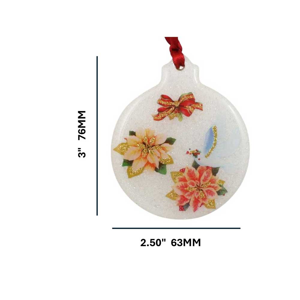 Decorative Christmas ornament with poinsettias, bow and dove on a white background with measurements | Lilylin Designs