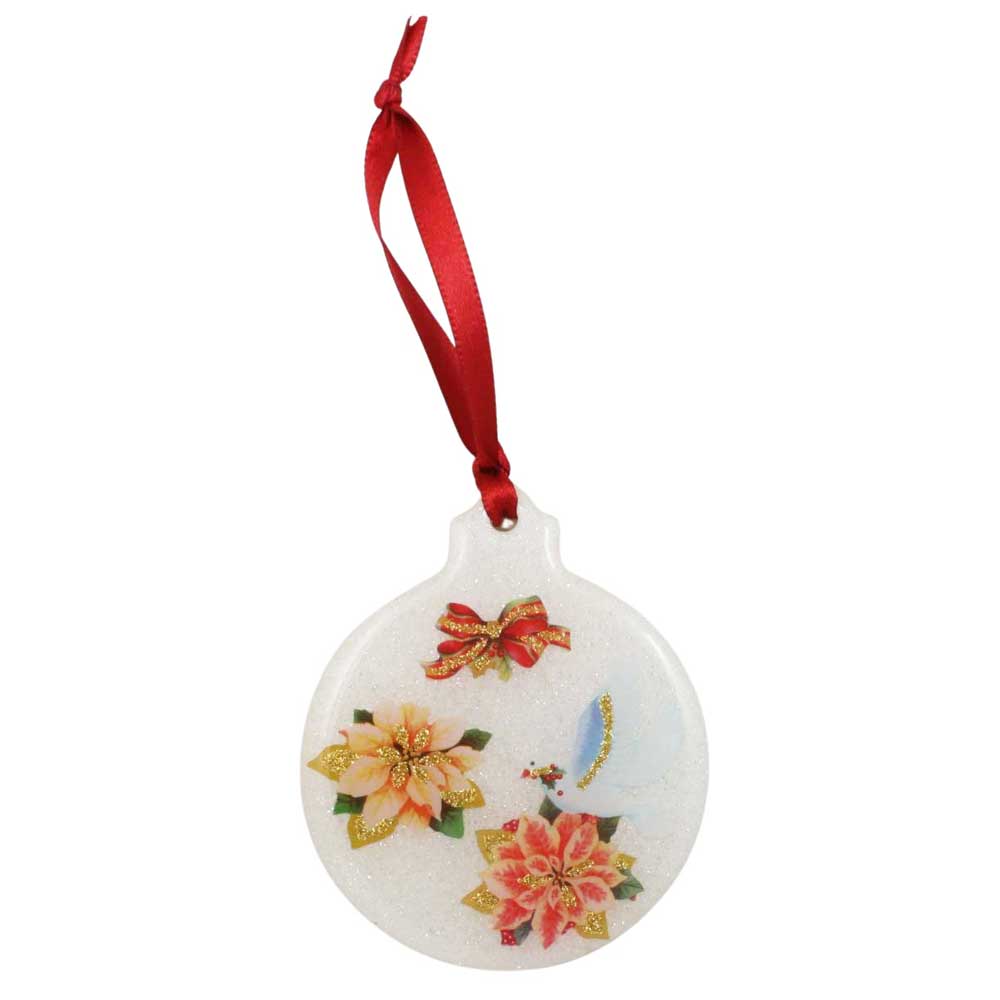 Decorative Christmas ornament with floral designs and a white dove on a white background | Lilylin Designs
