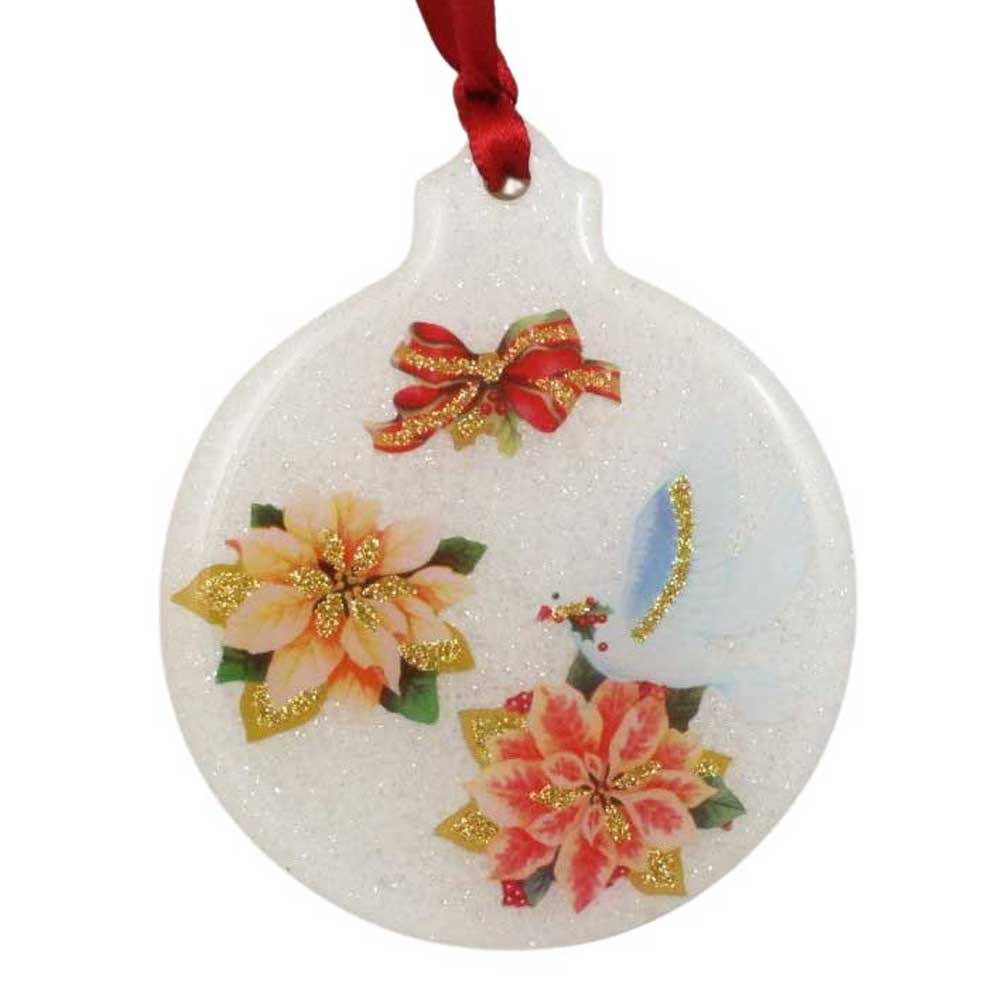 Decorative Christmas ornament with poinsettias, bow and dove on a white background | Lilylin Designs