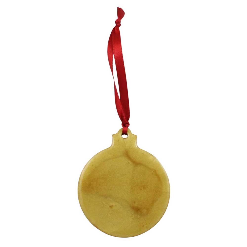 Gold ornament with a red ribbon on a white background | Lilylin Designs