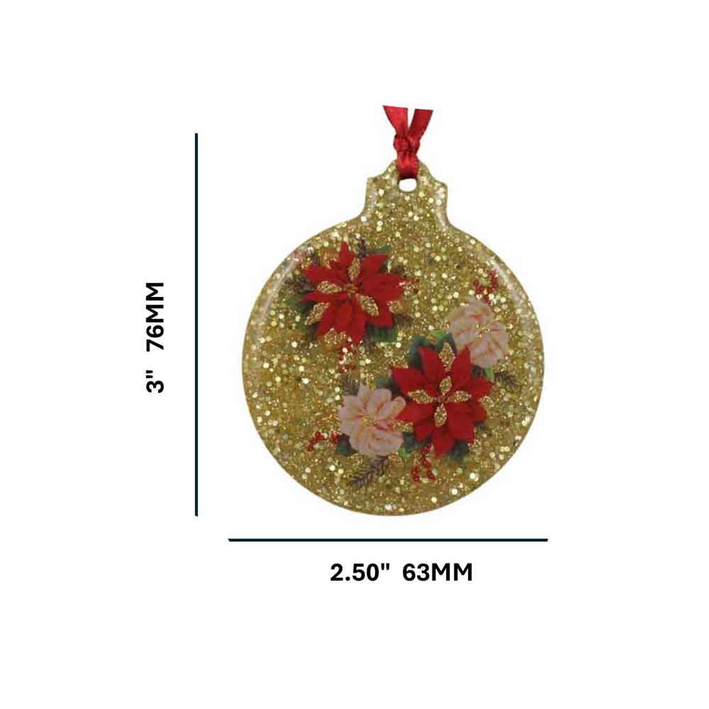 Decorative Christmas ornament with poinsettias on a gold glitter background, hanging from a red ribbon with measurements | Lilylin Designs
