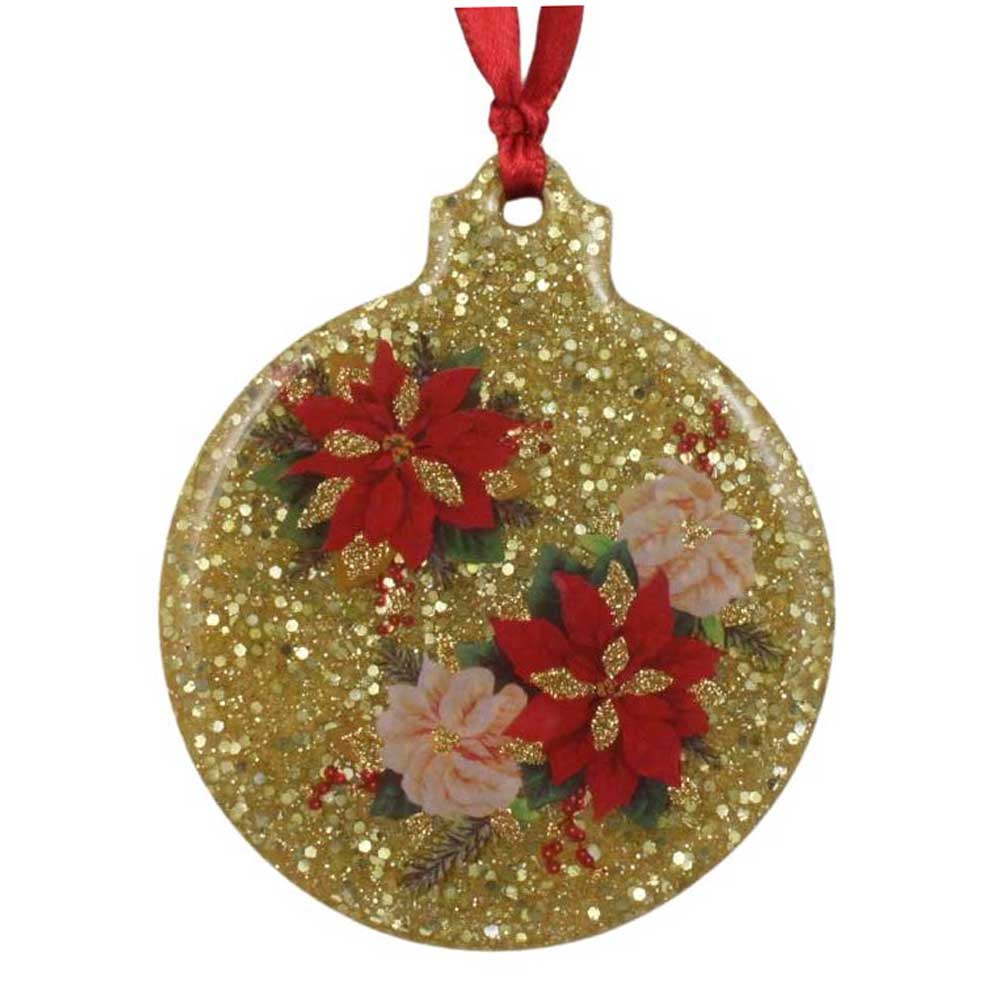 Decorative Christmas ornament with poinsettias on a gold glitter background, hanging from a red ribbon | Lilylin Designs