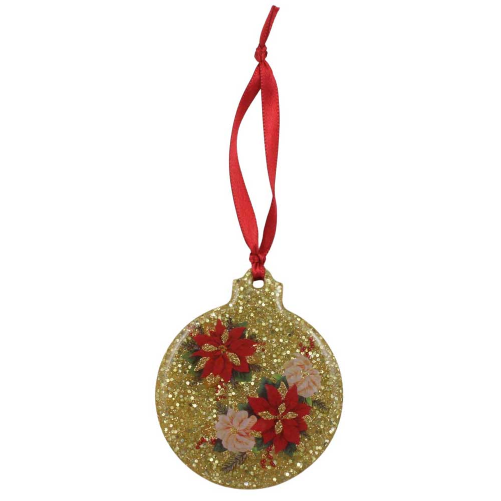 Decorative Christmas ornament with poinsettias on a gold glitter background, hanging from a red ribbon | Lilylin Designs