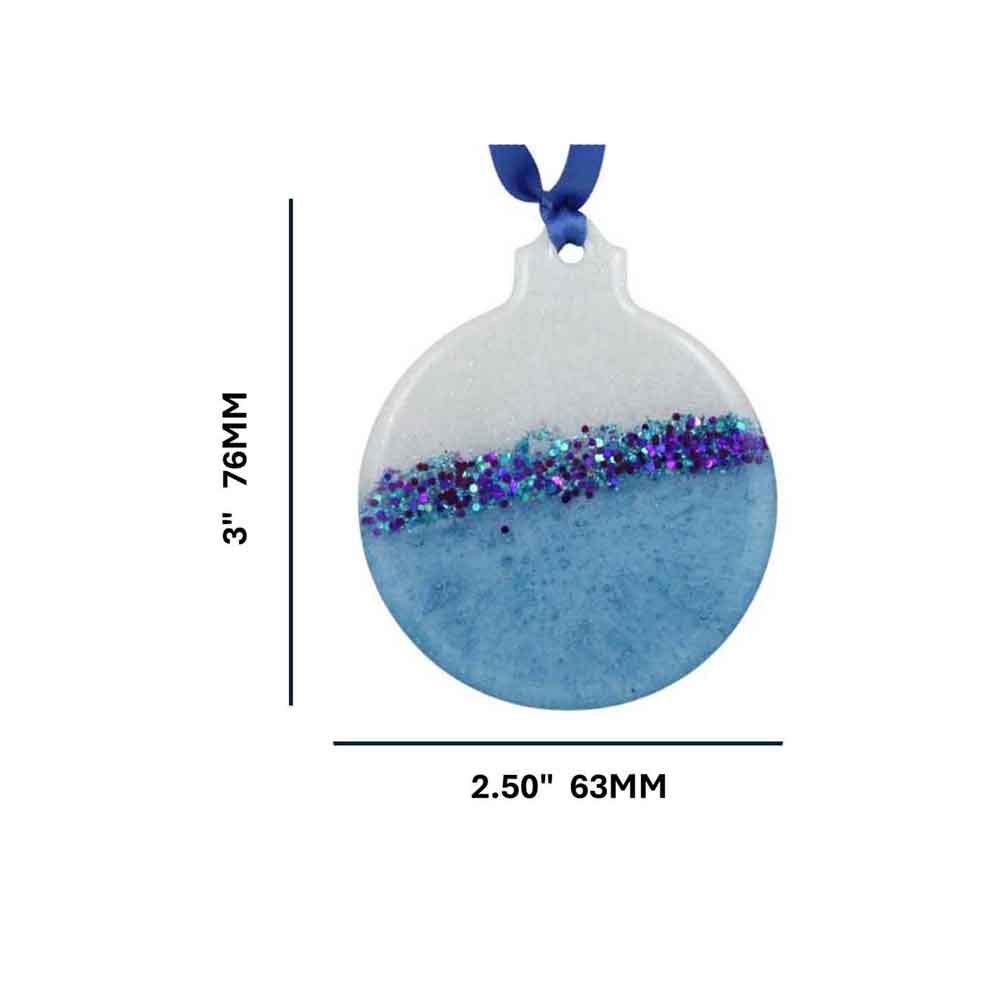 Round blue and white ornament with glittery center with measurements | Lilylin Designs