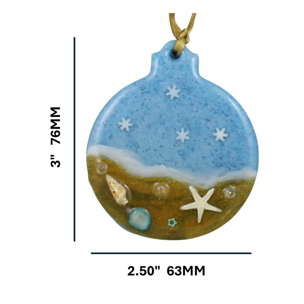 Decorative ornament with beach scene design on a white background with measurements | Lilylin Designs