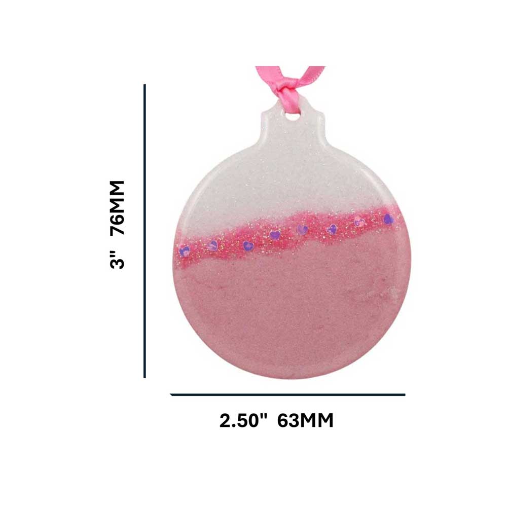 Pink and white glittery ornament on white background with measurements | Lilylin Designs