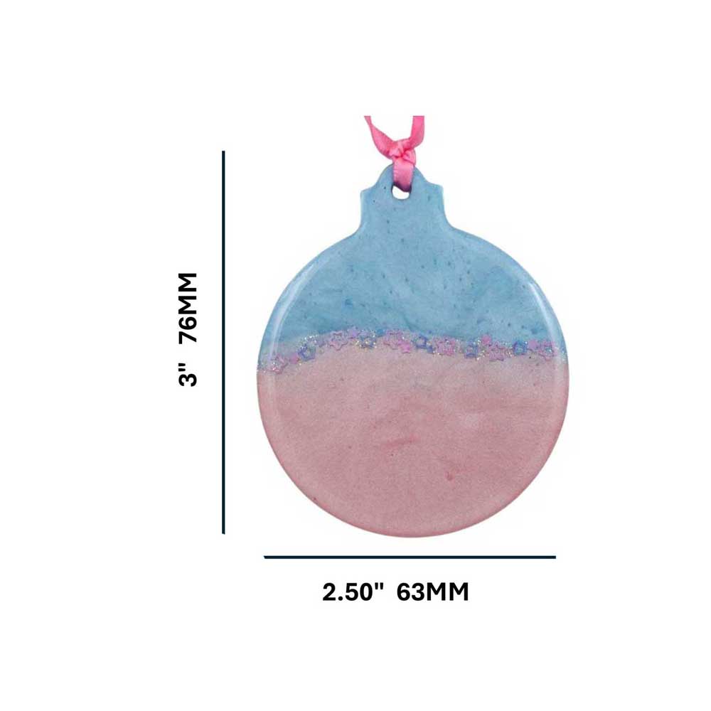 Pink and blue ornament with pink and blue stars on white background with measurements | Lilylin Designs