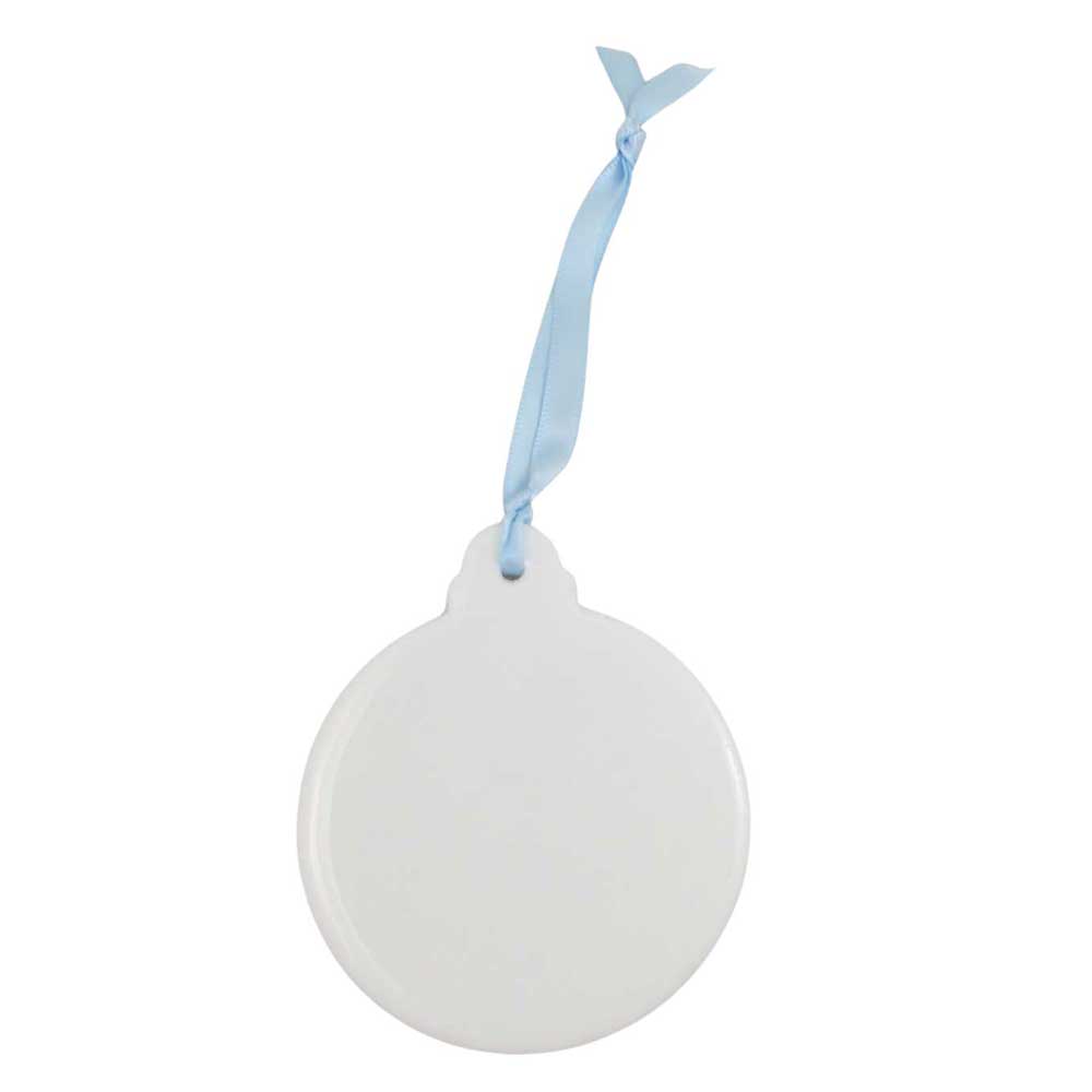 White round ornament with a blue ribbon on a white background | Lilylin Designs