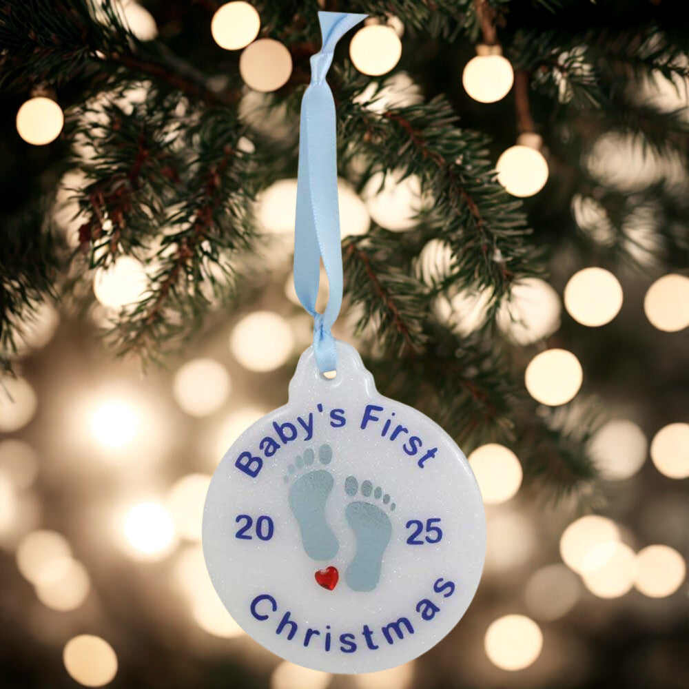 Decorative ornament for Baby's First Christmas with footprints on a tree. | Lilylin Designs