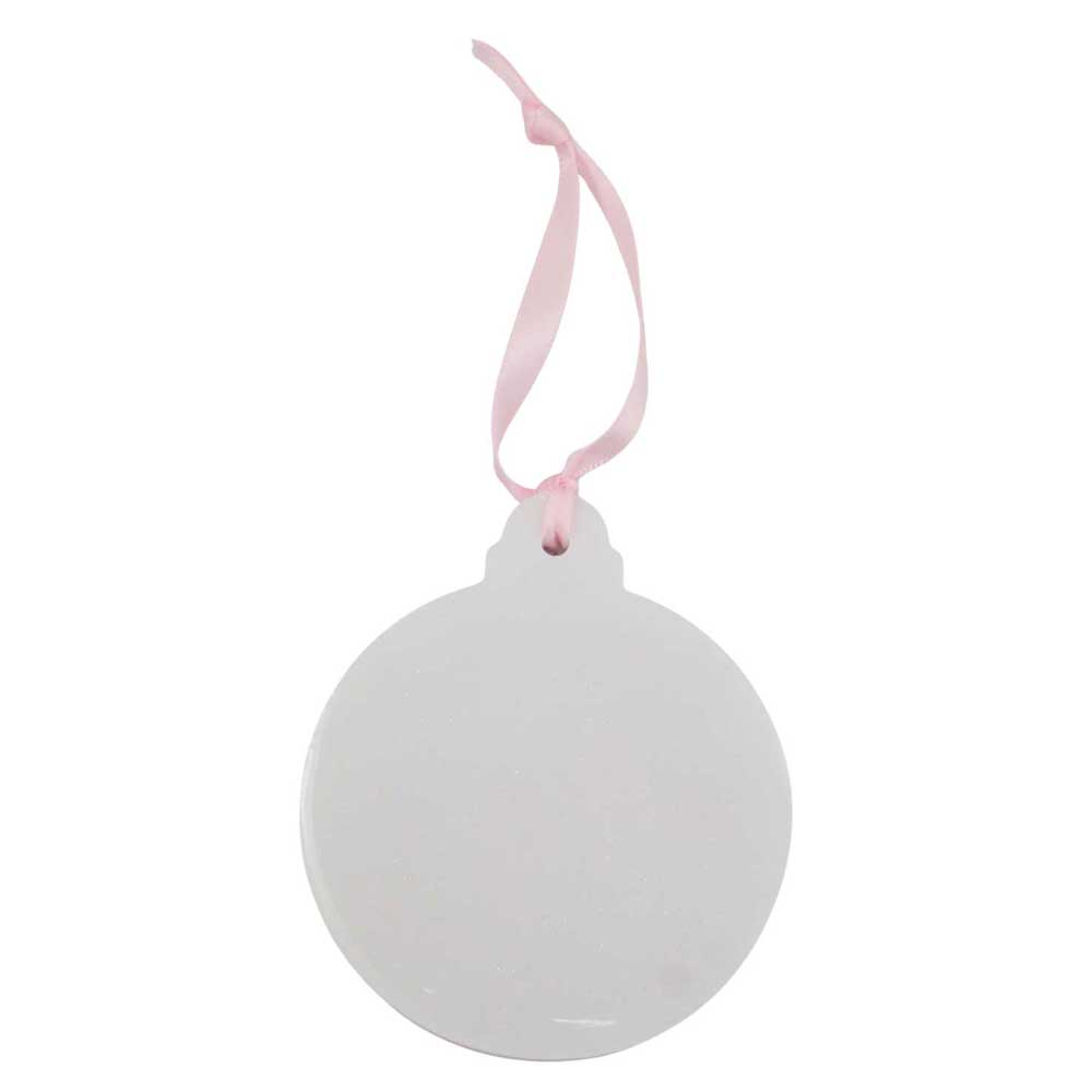 Round white ornament with a pink ribbon on a white background | Lilylin Designs