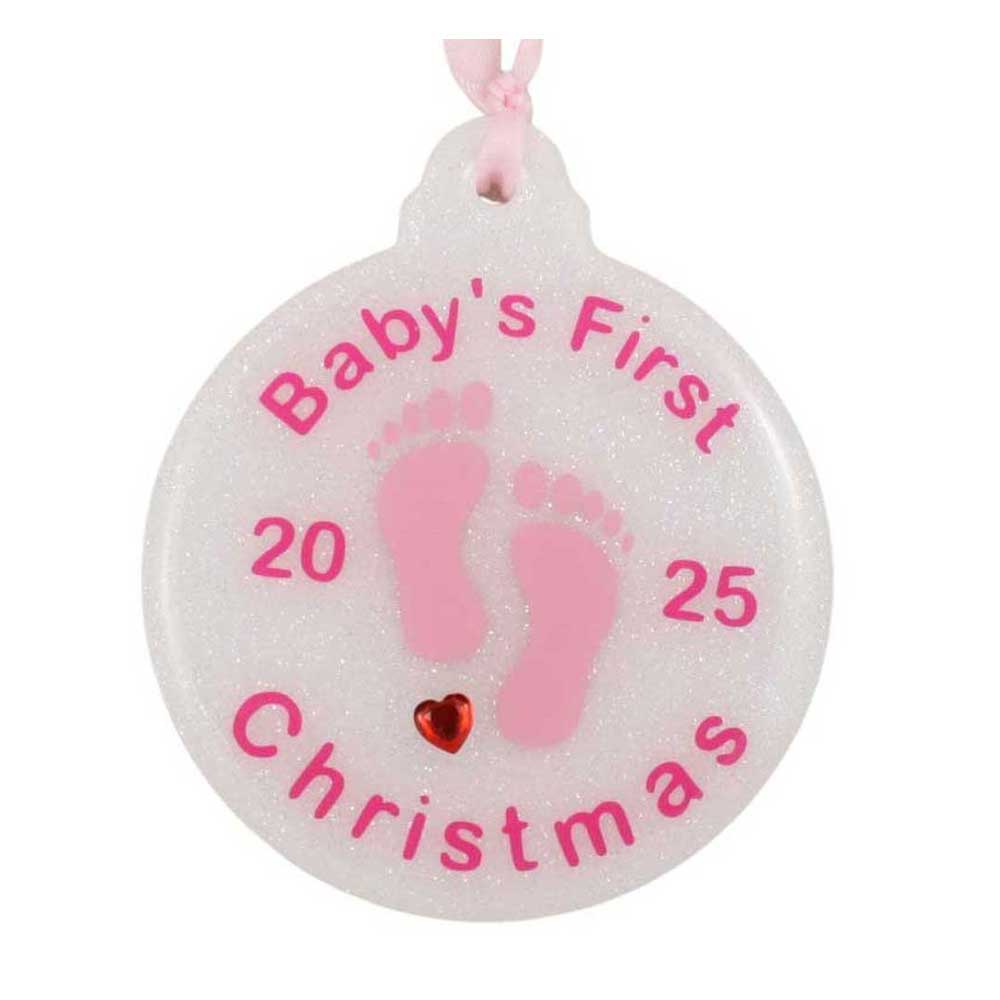 Decorative ornament for baby's first Christmas with pink text and footprints. | Lilylin Designs