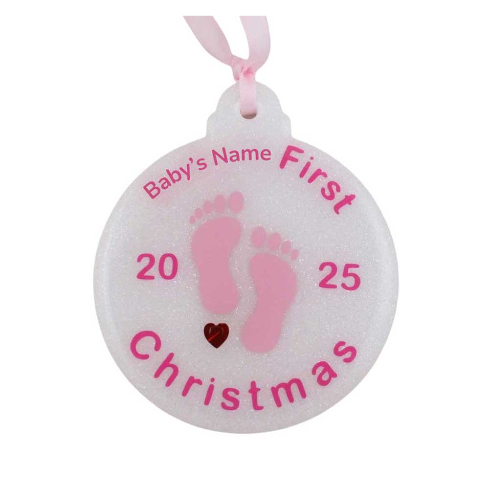 Personalize Baby's First Christmas ornament with pink footprints and red heart | Lilylin Designs
