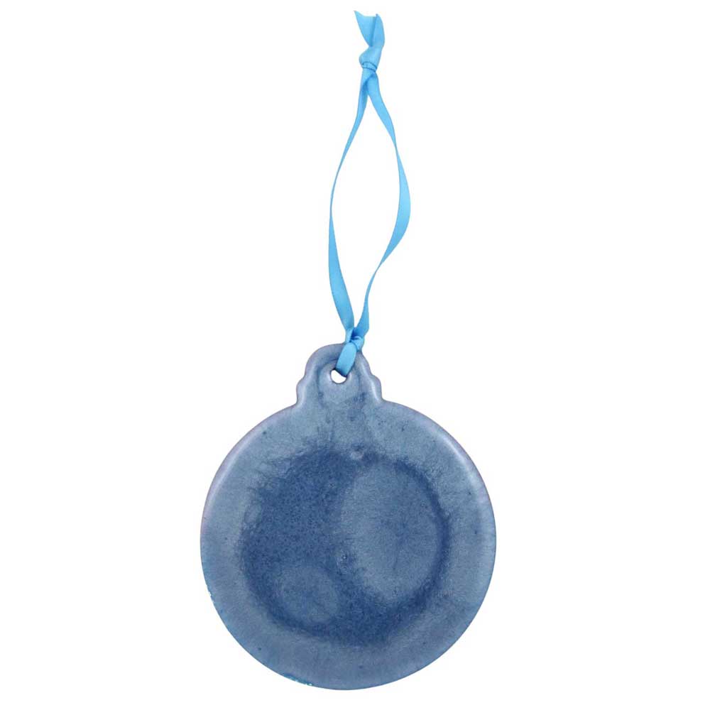 Back view of Round purple and blue ornament with 'Merry Christmas' text on a white background | Lilylin Designs