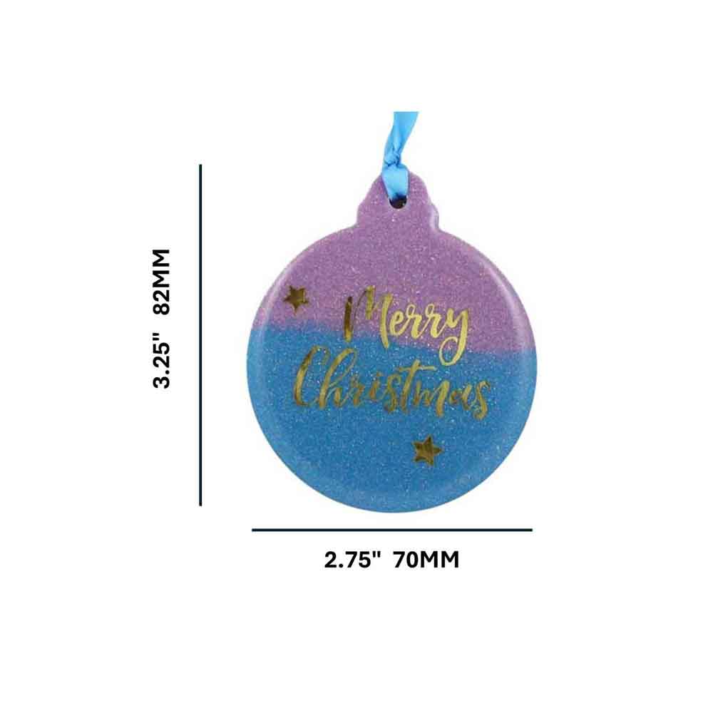 Round purple and blue ornament with 'Merry Christmas' text and star decorations, showing measurements | Lilylin Designs